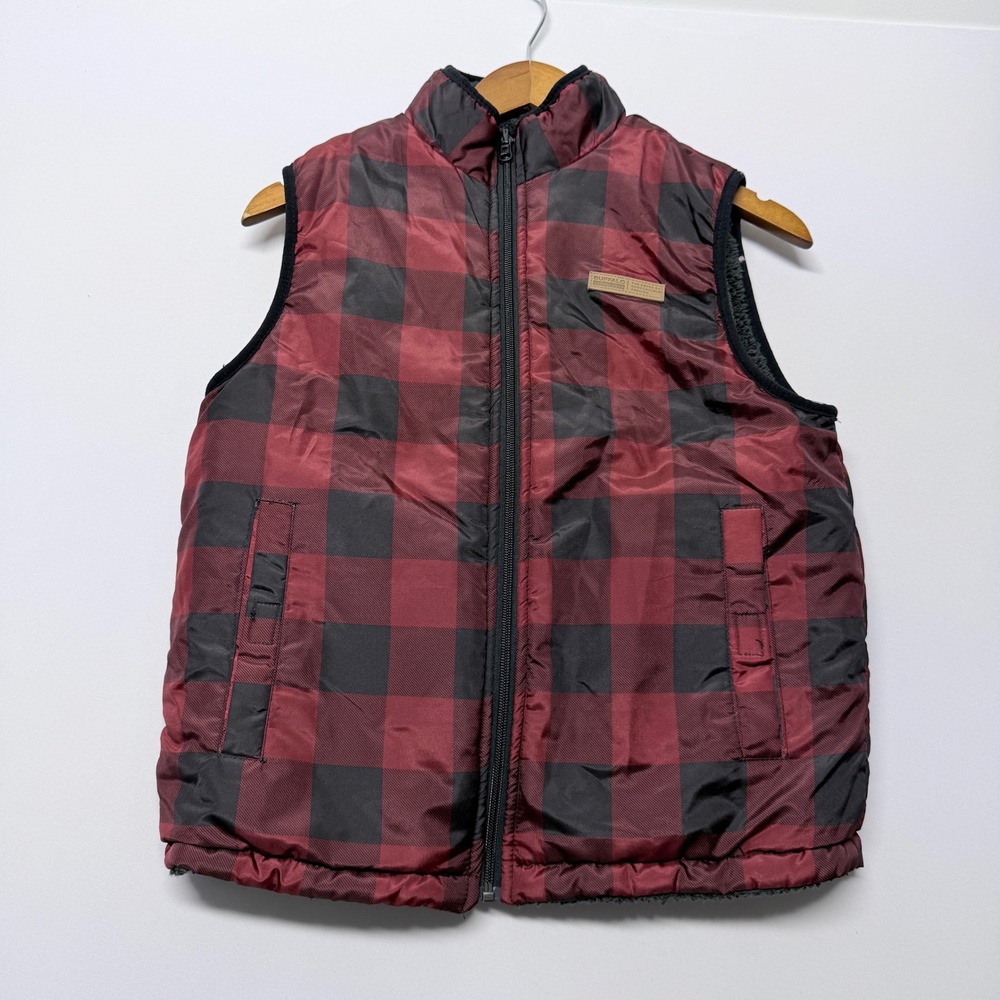 Buffalo David Bitton Boys Red Black Buffalo Plaid Sherpa Puffer Vest M 10-12
